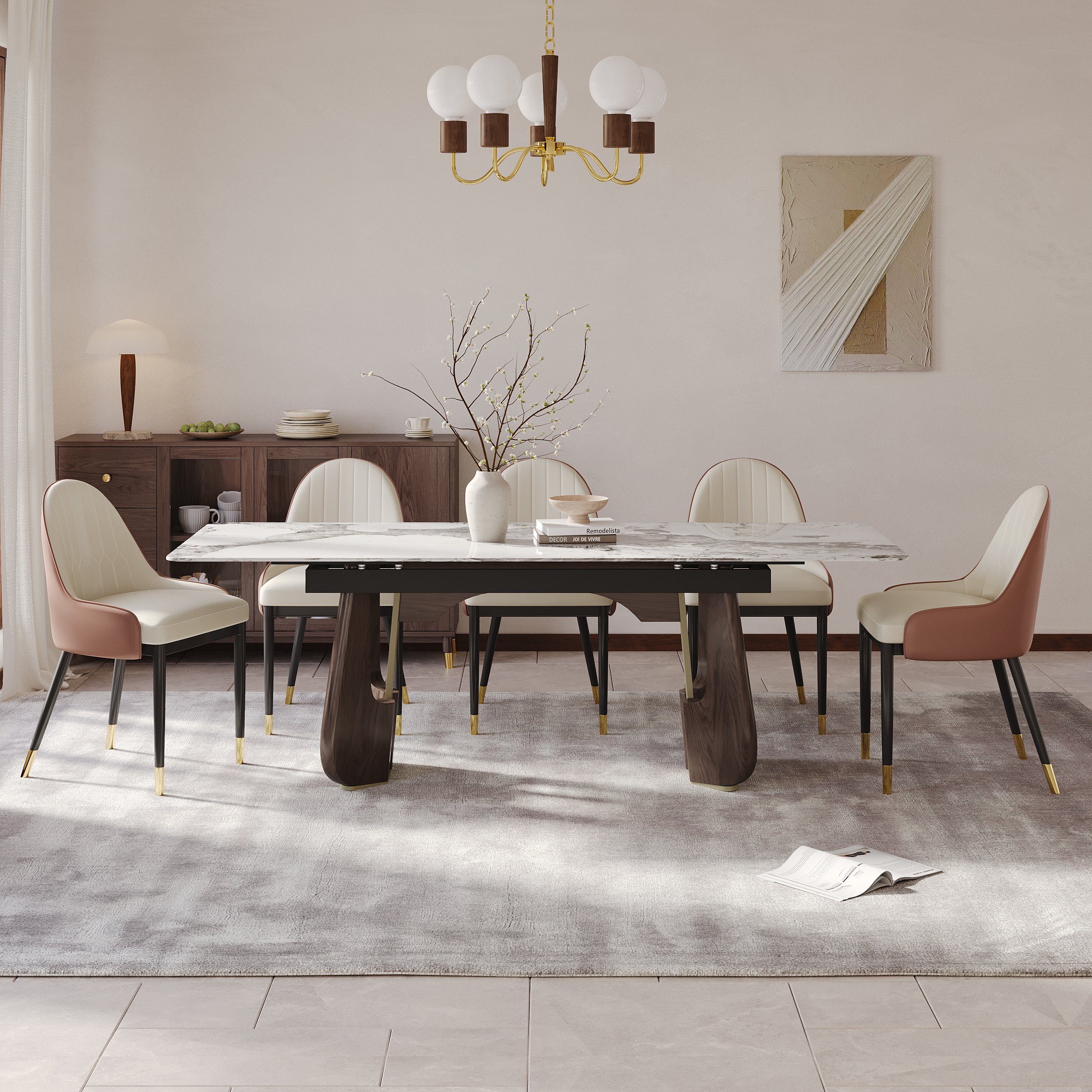 HMR - 71"-87" Rectangle Extendable Dining Table Sintered Stone Top for 6-8 People
