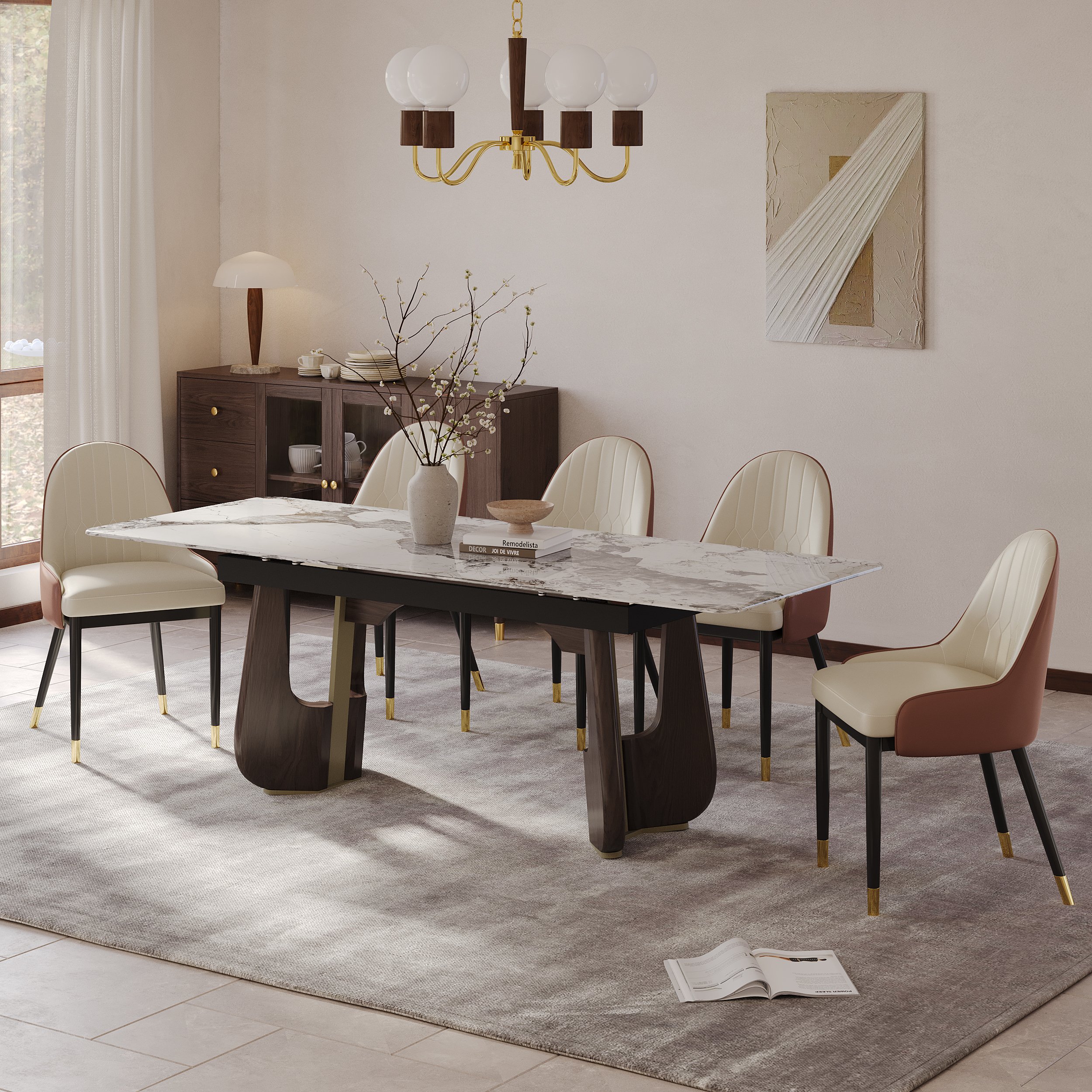 HMR - 71"-87" Rectangle Extendable Dining Table Sintered Stone Top for 6-8 People