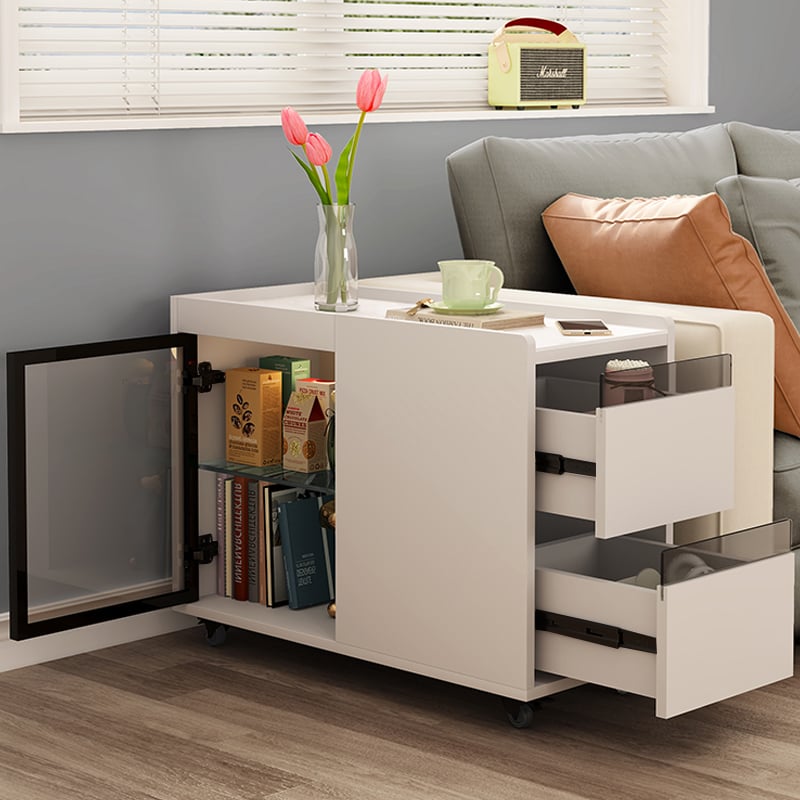 HMR - Narrow Side Table Skinny Thin End Table with Wheels 2 Drawer Glass Door Storage