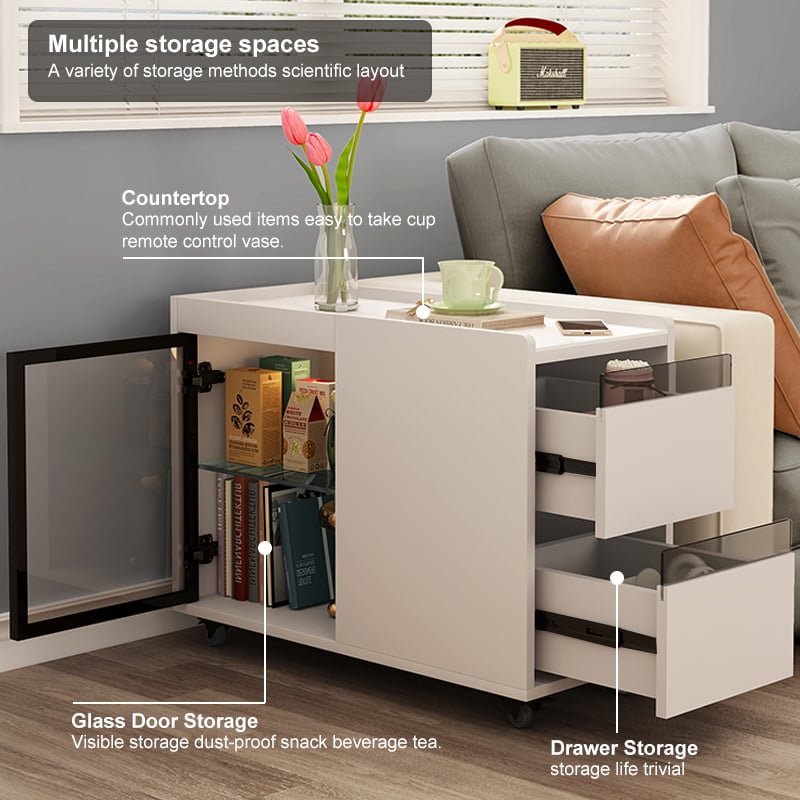 HMR - Narrow Side Table Skinny Thin End Table with Wheels 2 Drawer Glass Door Storage