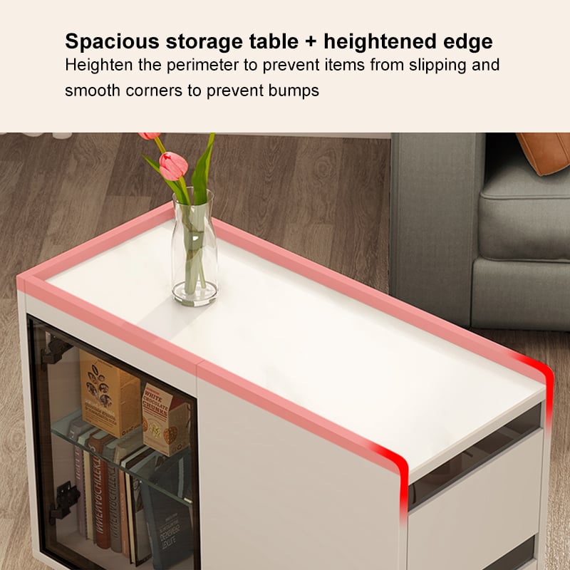 HMR - Narrow Side Table Skinny Thin End Table with Wheels 2 Drawer Glass Door Storage