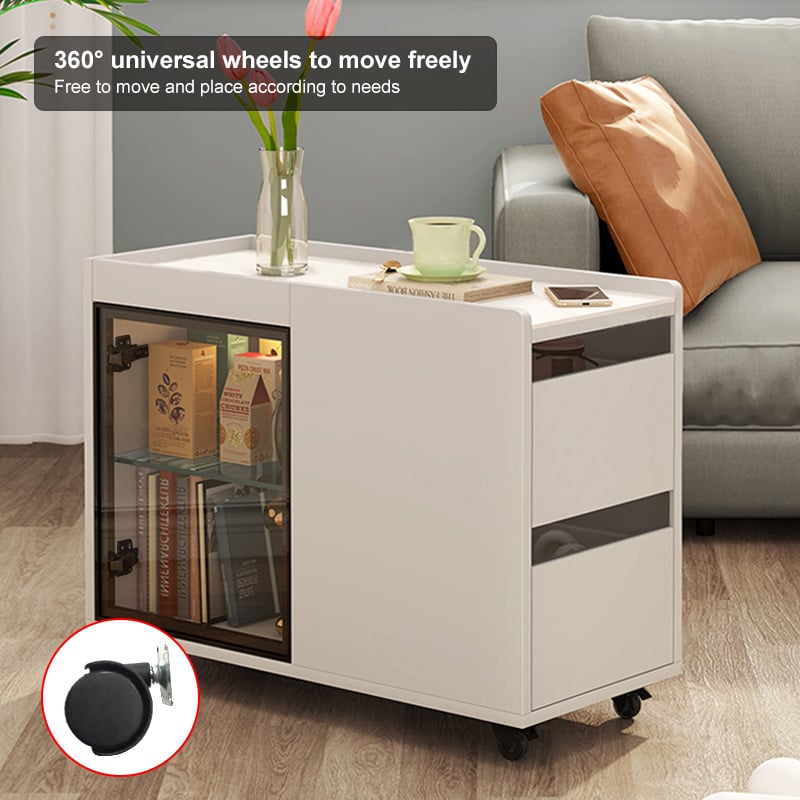 HMR - Narrow Side Table Skinny Thin End Table with Wheels 2 Drawer Glass Door Storage