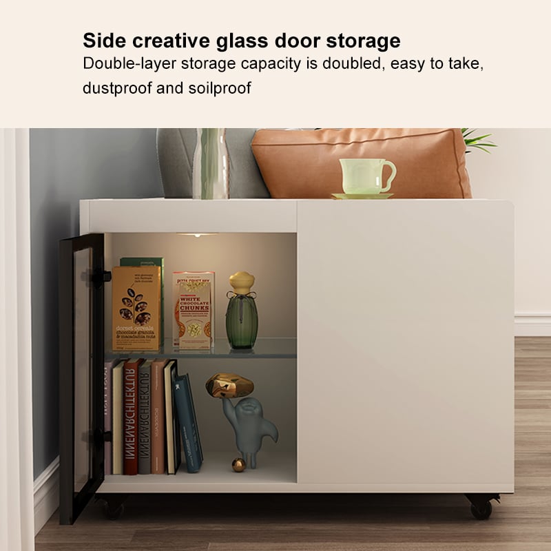 HMR - Narrow Side Table Skinny Thin End Table with Wheels 2 Drawer Glass Door Storage