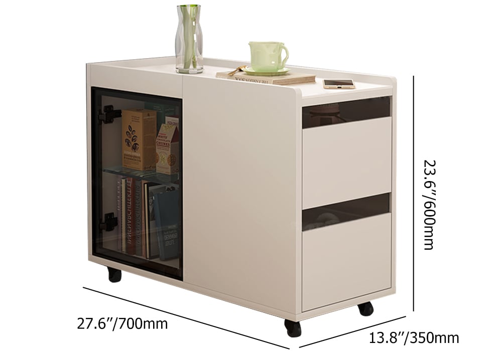 HMR - Narrow Side Table Skinny Thin End Table with Wheels 2 Drawer Glass Door Storage