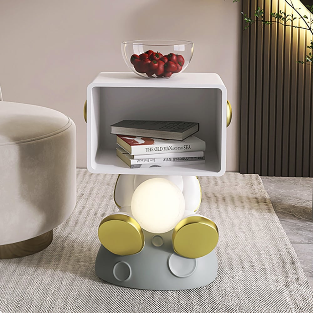 HMR - Modern White & Gold Bedroom Nightstand with Light & Open Storage