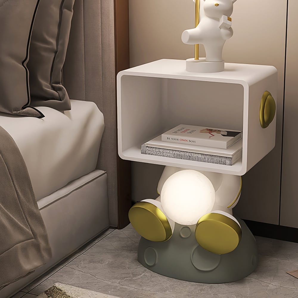 HMR - Modern White & Gold Bedroom Nightstand with Light & Open Storage