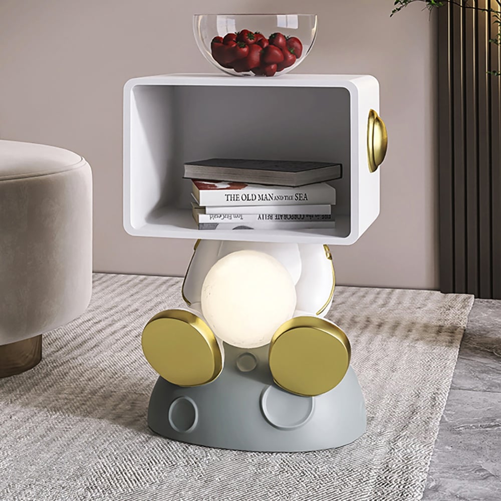 HMR - Modern White & Gold Bedroom Nightstand with Light & Open Storage