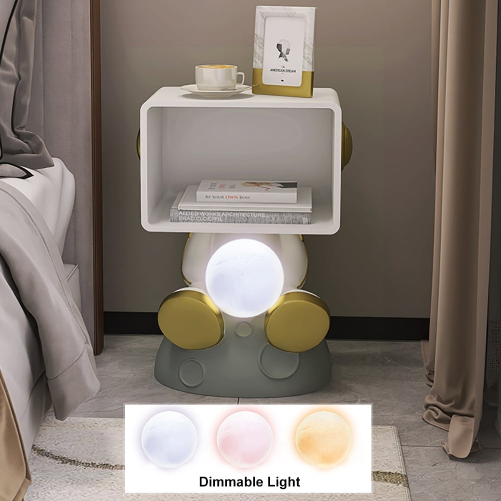 HMR - Modern White & Gold Bedroom Nightstand with Light & Open Storage