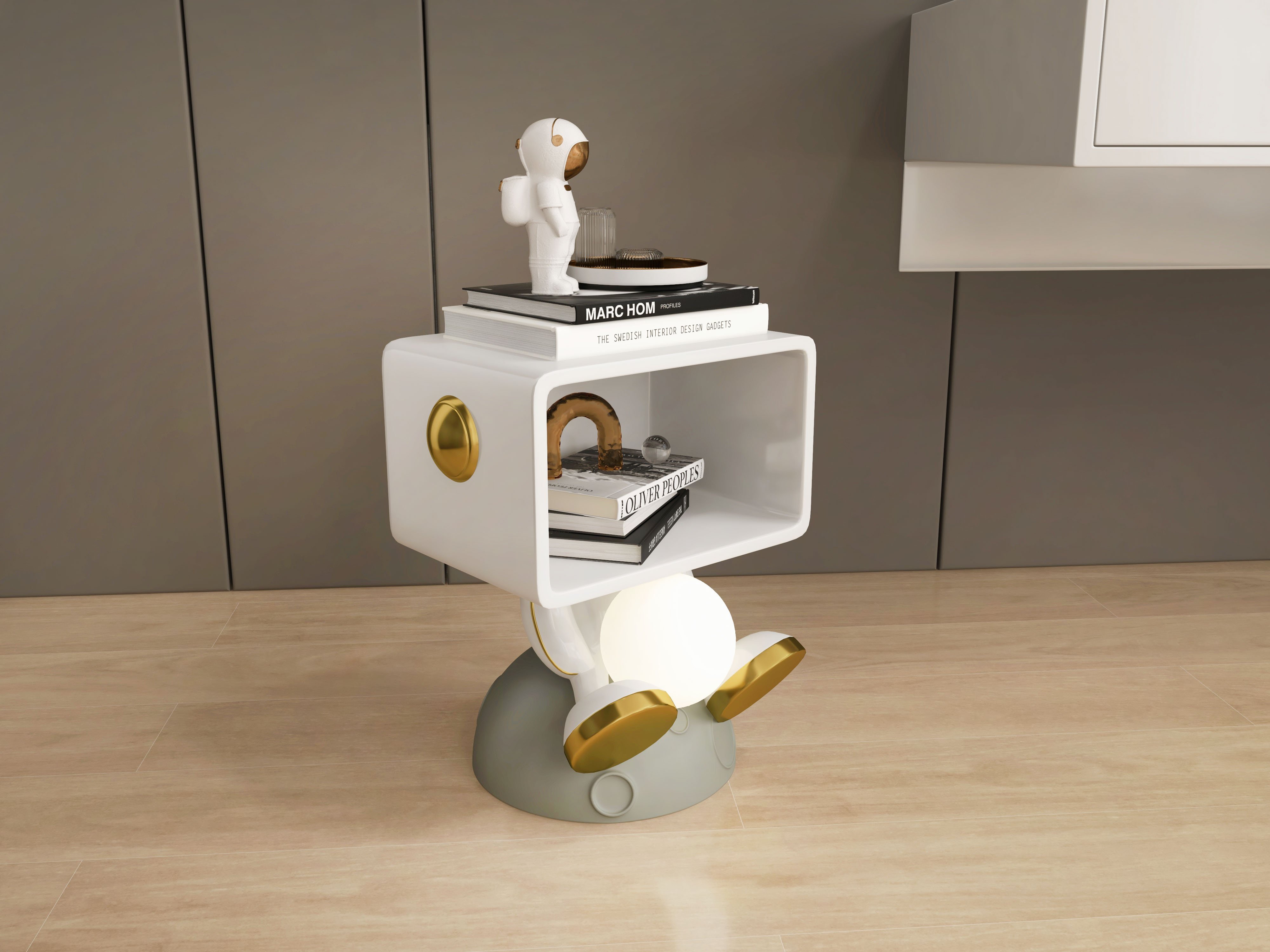 HMR - Modern White & Gold Bedroom Nightstand with Light & Open Storage