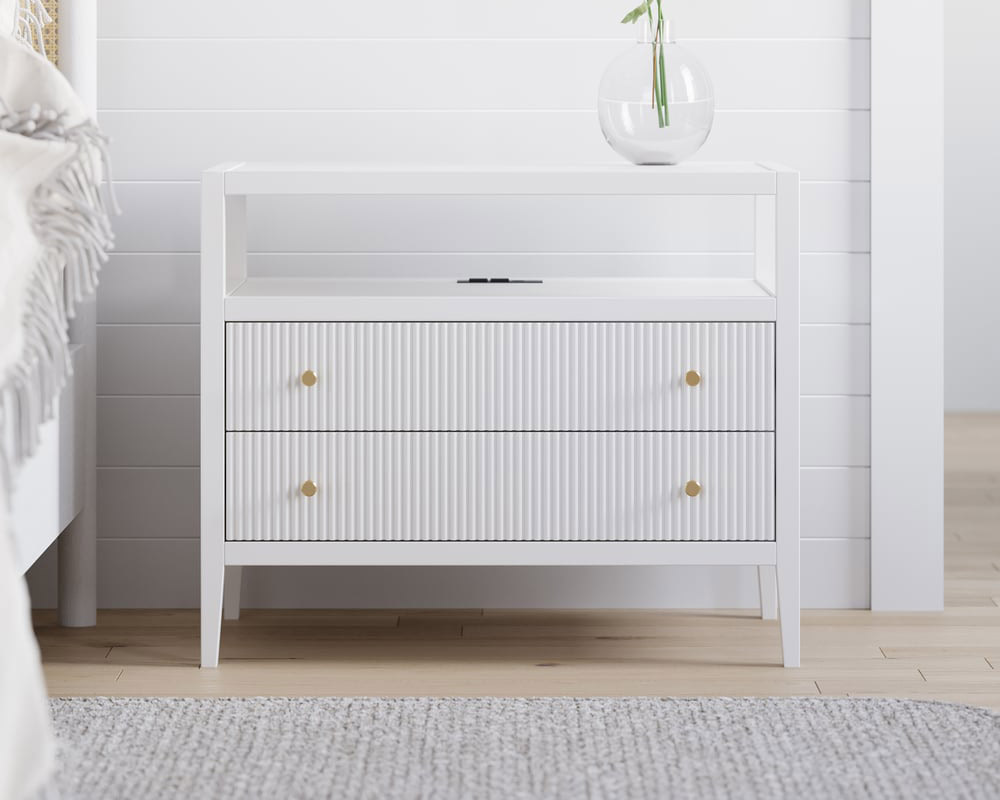 HMR 30" Fluted 2-Drawer Wide Smart Nightstand - White, Set Of 2