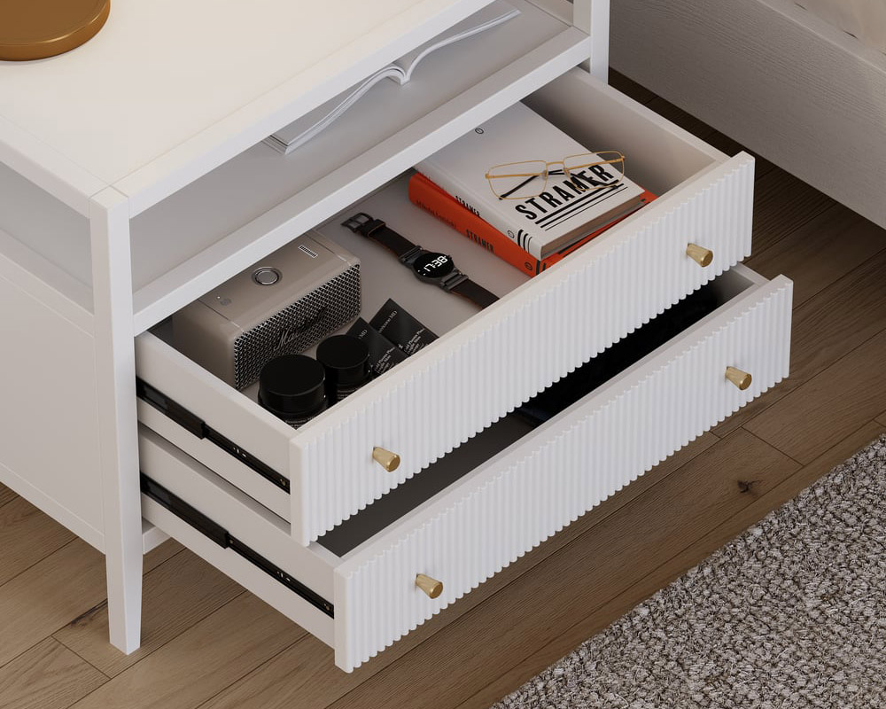 HMR 30" Fluted 2-Drawer Wide Smart Nightstand - White, Set Of 2
