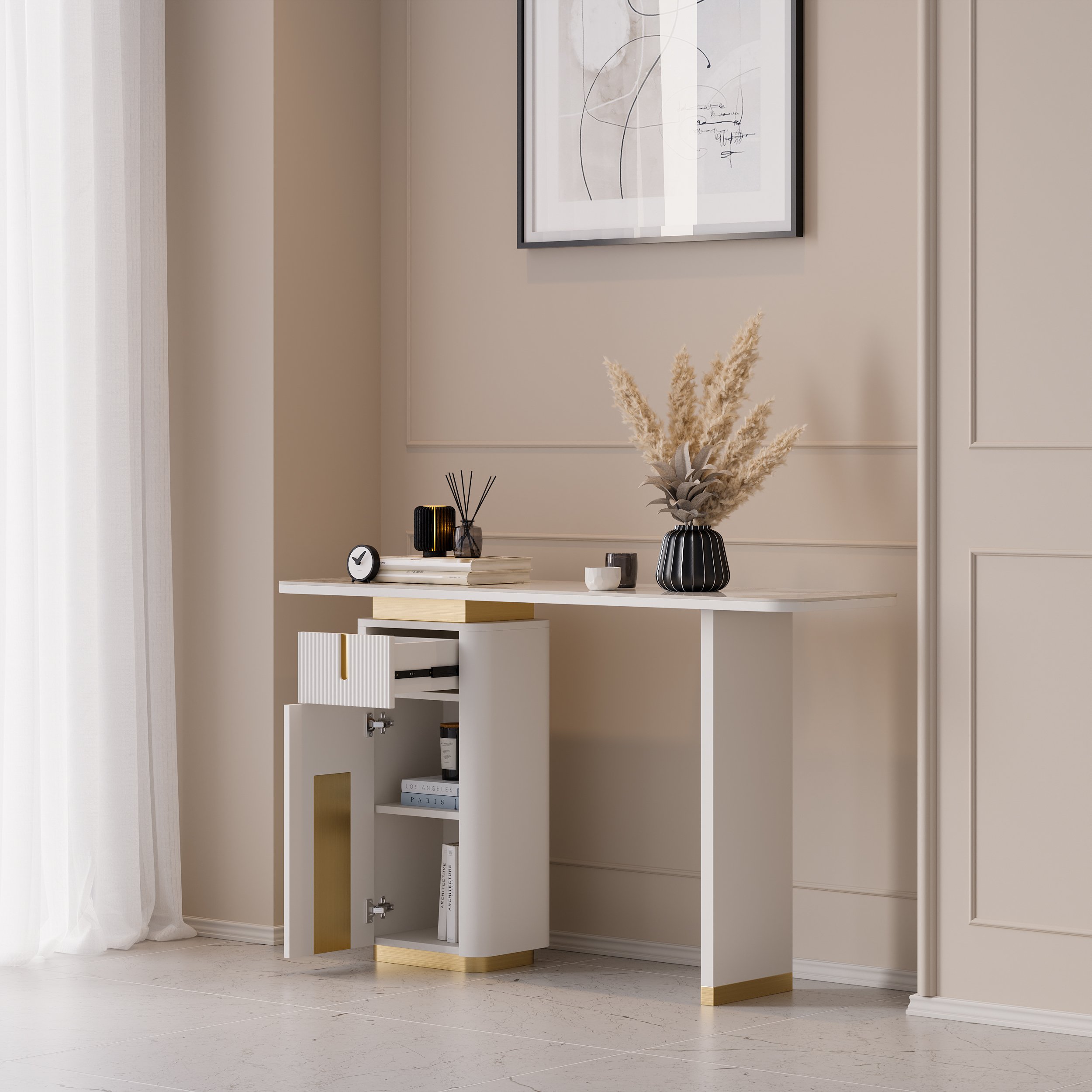 HMR - Artus 48" Modern Sintered Stone Console Table with Storage Entryway Table