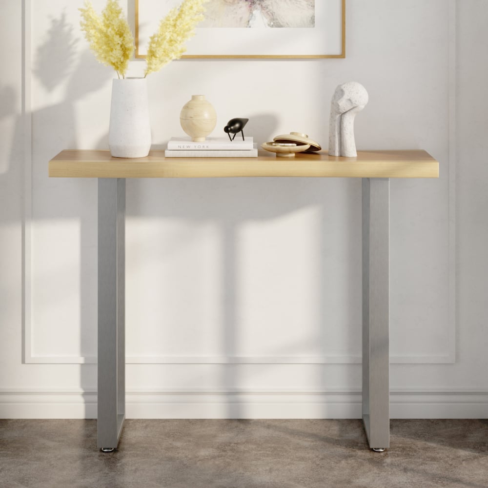 HMR - 39" Modern Natural & Silver Live Edge Console Table Wooden Top & Stainless Steel Base