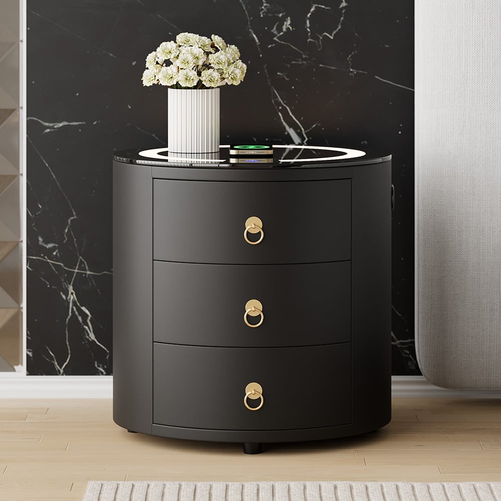 HMR Leather 3-Drawer Smart Nightstand with Light & Speaker - Black, Single