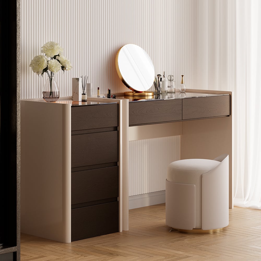 HMR - Modern Walnut Makeup Vanity with Light Dressing Table with Jewelry Storage & Cabinet