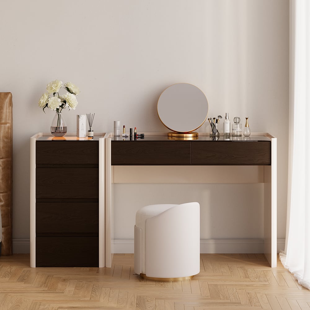 HMR - Modern Walnut Makeup Vanity with Light Dressing Table with Jewelry Storage & Cabinet