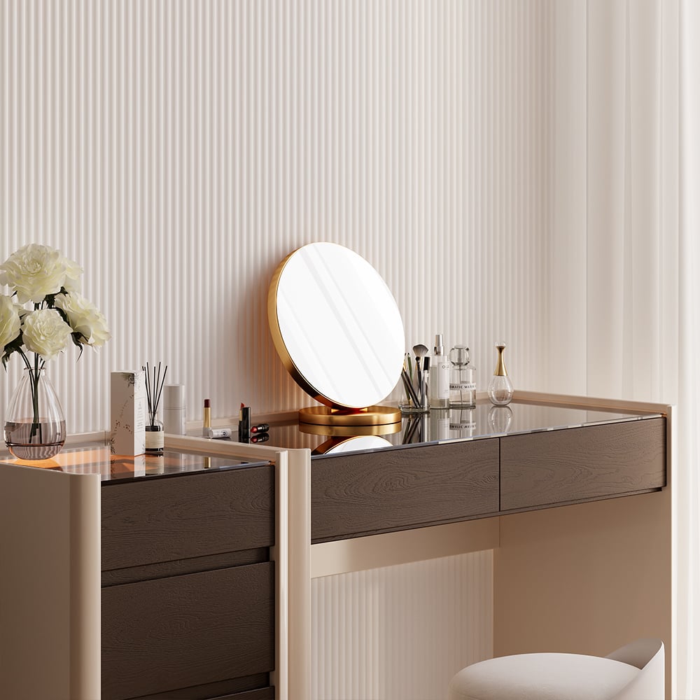 HMR - Modern Walnut Makeup Vanity with Light Dressing Table with Jewelry Storage & Cabinet