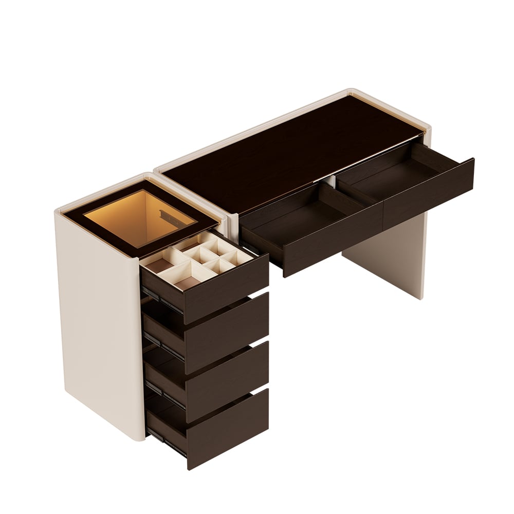 HMR - Modern Walnut Makeup Vanity with Light Dressing Table with Jewelry Storage & Cabinet