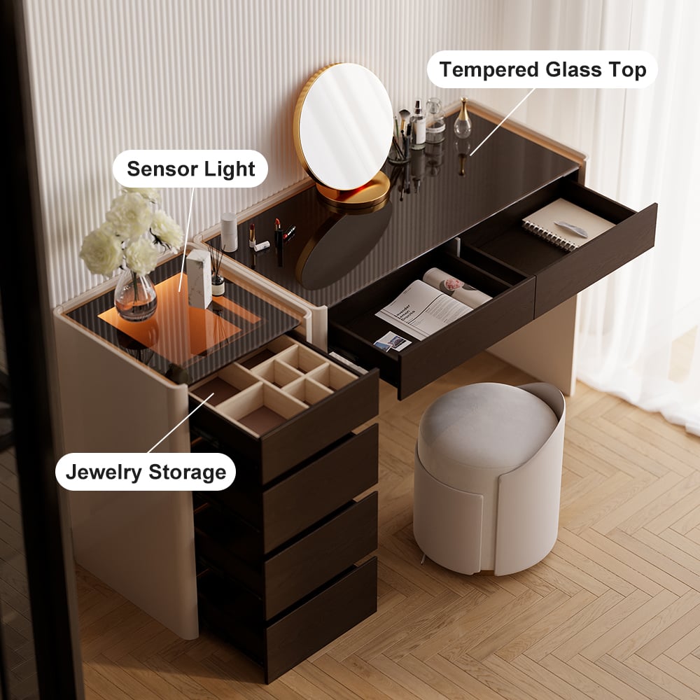 HMR - Modern Walnut Makeup Vanity with Light Dressing Table with Jewelry Storage & Cabinet