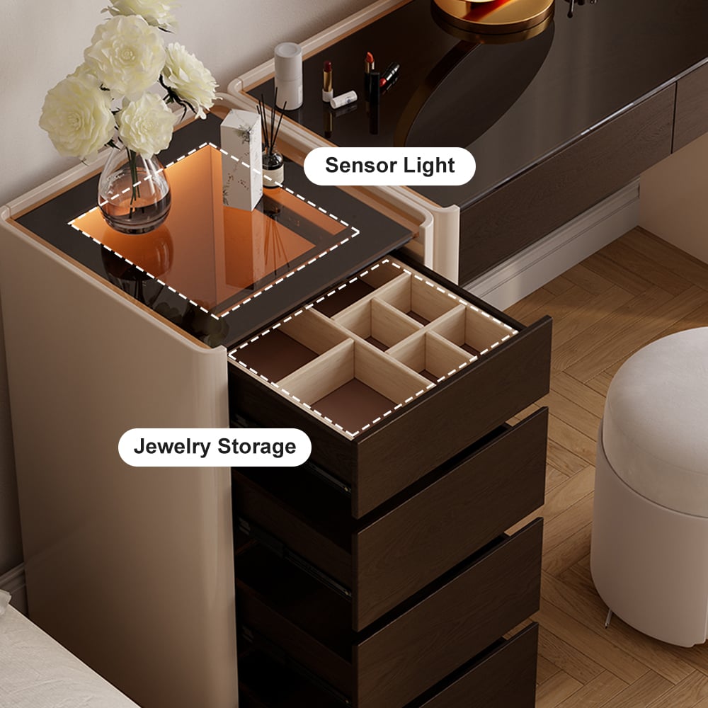 HMR - Modern Walnut Makeup Vanity with Light Dressing Table with Jewelry Storage & Cabinet