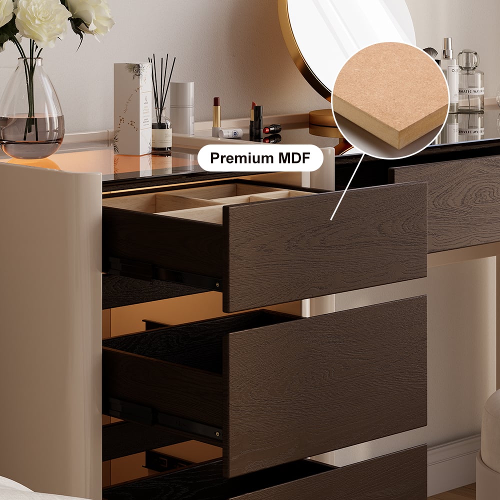 HMR - Modern Walnut Makeup Vanity with Light Dressing Table with Jewelry Storage & Cabinet