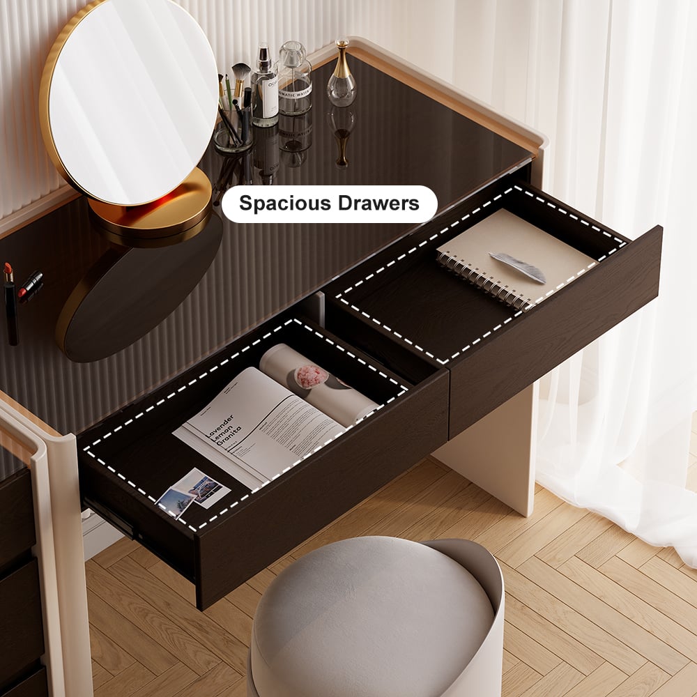 HMR - Modern Walnut Makeup Vanity with Light Dressing Table with Jewelry Storage & Cabinet