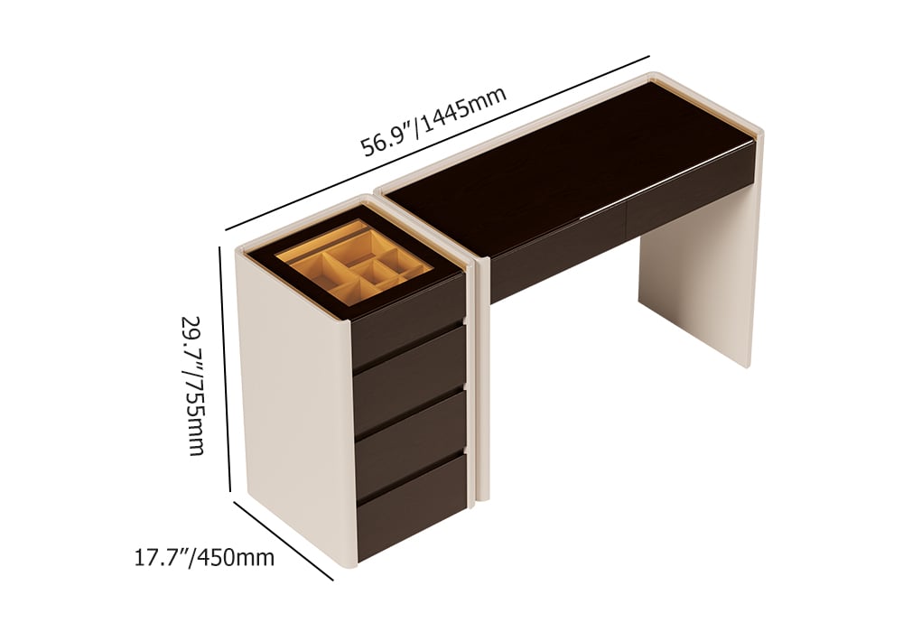 HMR - Modern Walnut Makeup Vanity with Light Dressing Table with Jewelry Storage & Cabinet