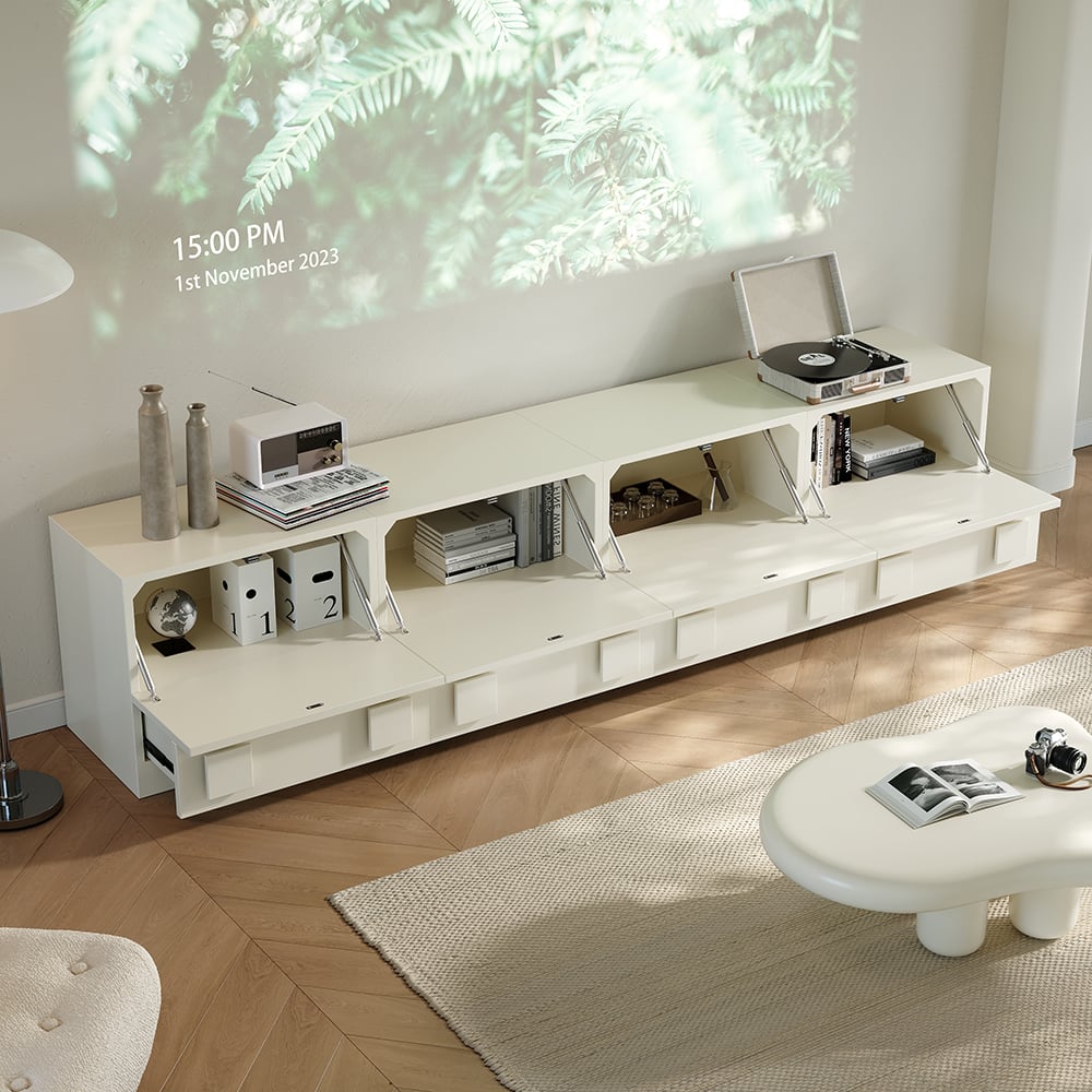 HMR - Modern White Wood TV Stand with 4 Drawer Convert to Tall Media Cabinet for 80" TVs