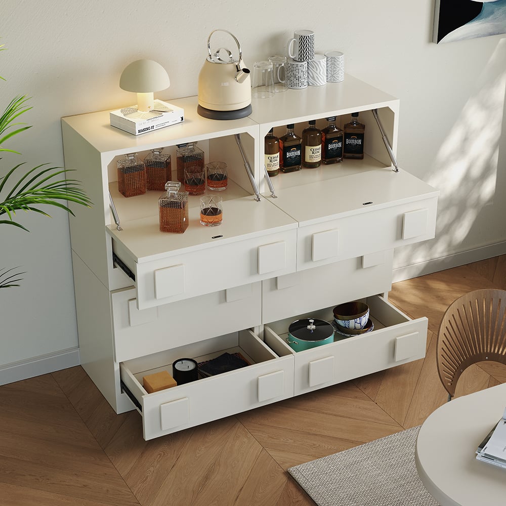 HMR - Modern White Wood TV Stand with 4 Drawer Convert to Tall Media Cabinet for 80" TVs