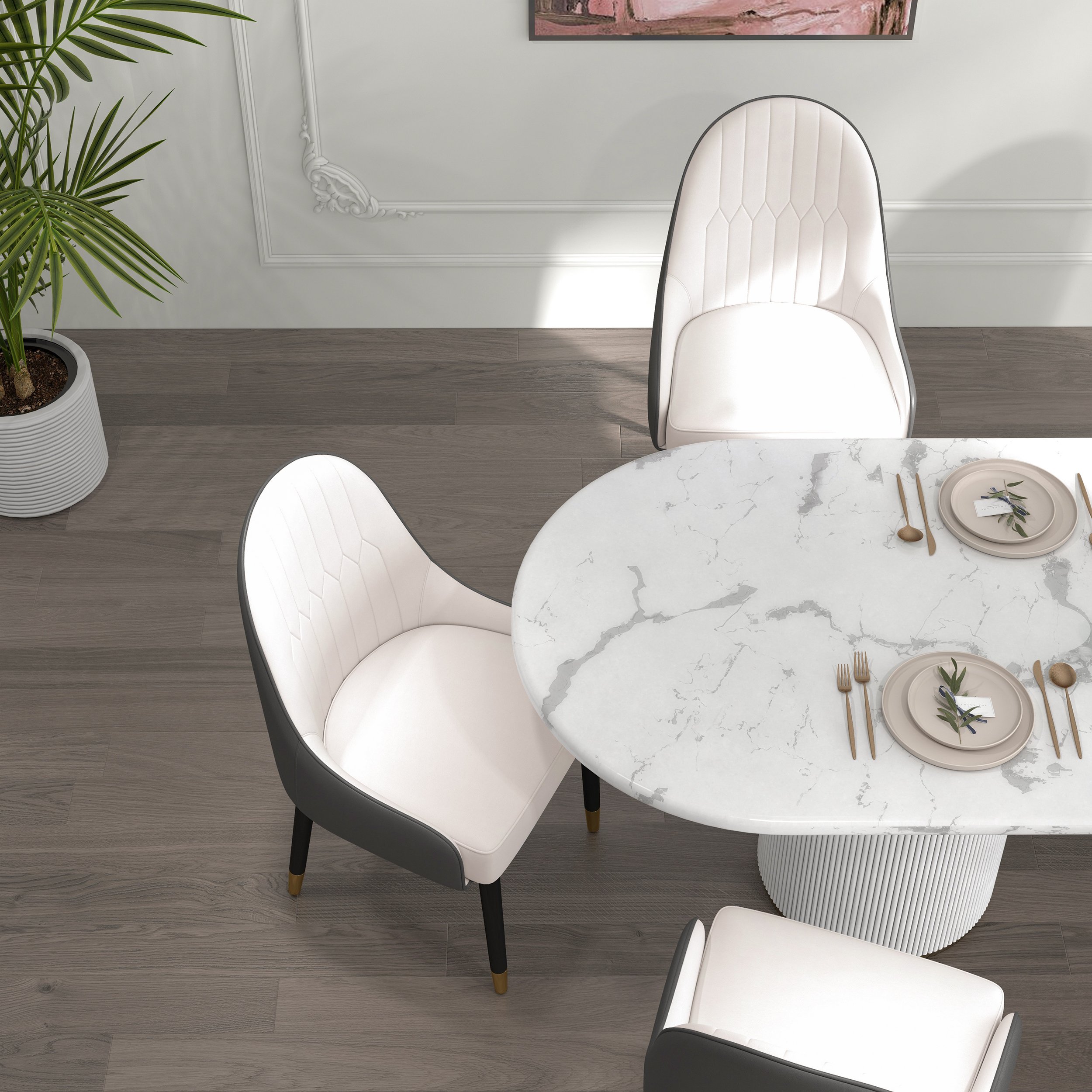 HMR Darg Series Modern PU Leather Upholstery Dining Chairs - White/Gray, Set of 8