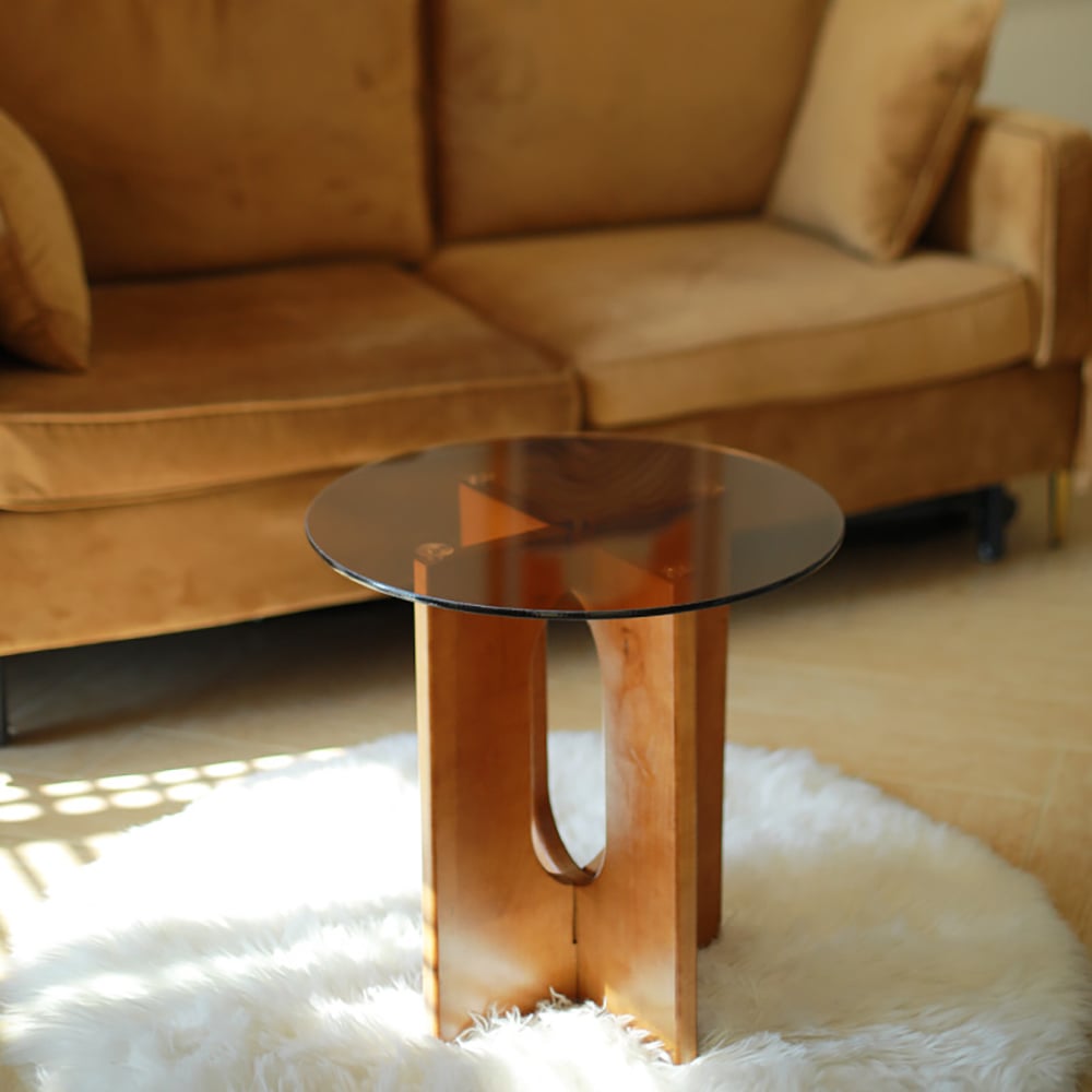 HMR - Tea Tempered Glass End Table Solid Wood Side Table