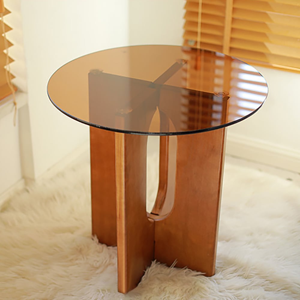 HMR - Tea Tempered Glass End Table Solid Wood Side Table