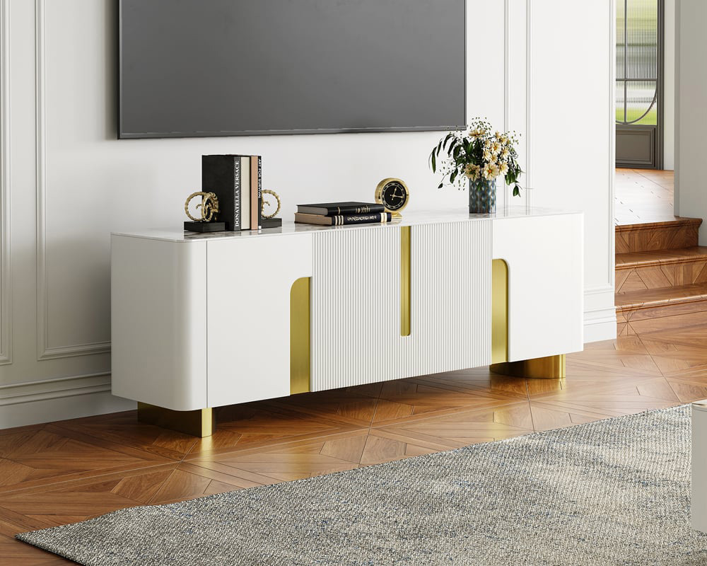 HMR - Artus Modern TV Stand Stone Top 4 Doors with Storage Media Console