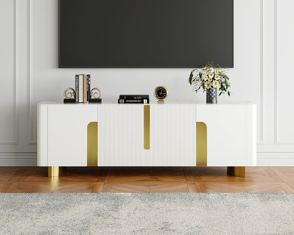 HMR Artus Modern TV Stand Stone Top 4 Doors with Storage Media Console - Beige, 80"W x 18"D x 26.5"H