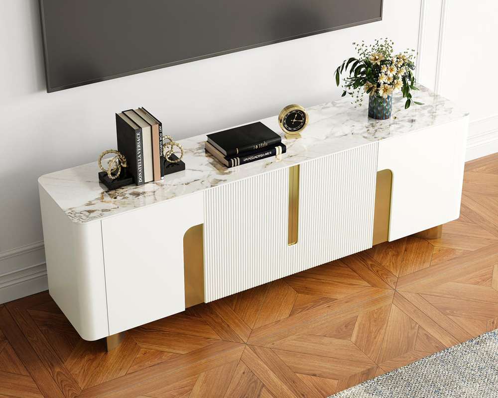 HMR Artus Modern TV Stand Stone Top 4 Doors with Storage Media Console - Beige, 80"W x 18"D x 26.5"H