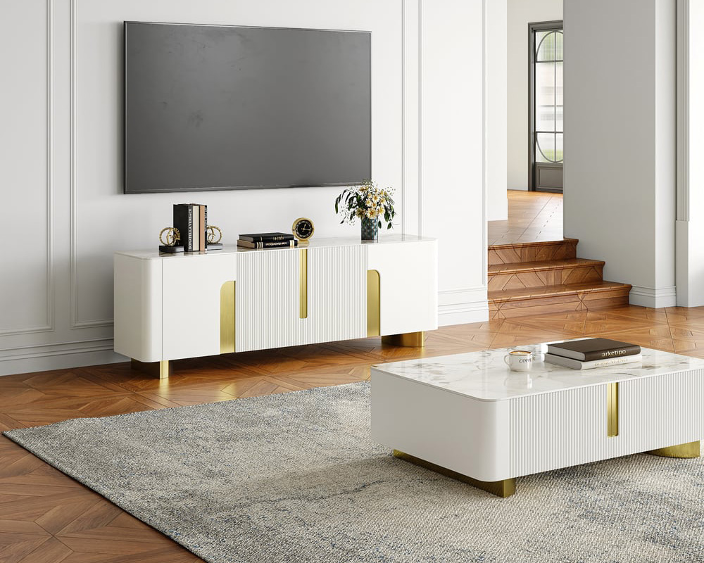 HMR Artus Modern TV Stand Stone Top 4 Doors with Storage Media Console - Beige, 80"W x 18"D x 26.5"H
