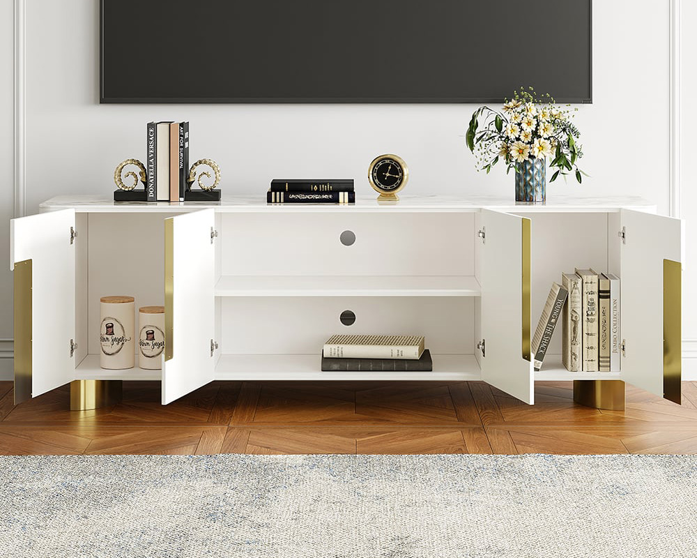 HMR Artus Modern TV Stand Stone Top 4 Doors with Storage Media Console - Beige, 80"W x 18"D x 26.5"H