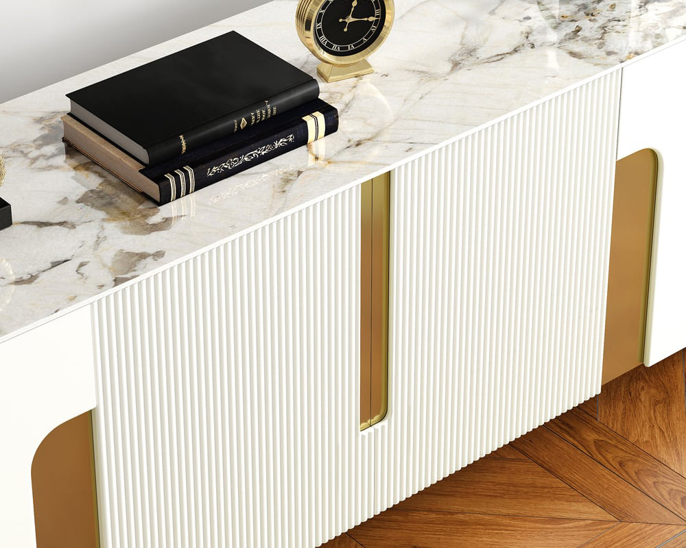 HMR Artus Modern TV Stand Stone Top 4 Doors with Storage Media Console - Beige, 80"W x 18"D x 26.5"H