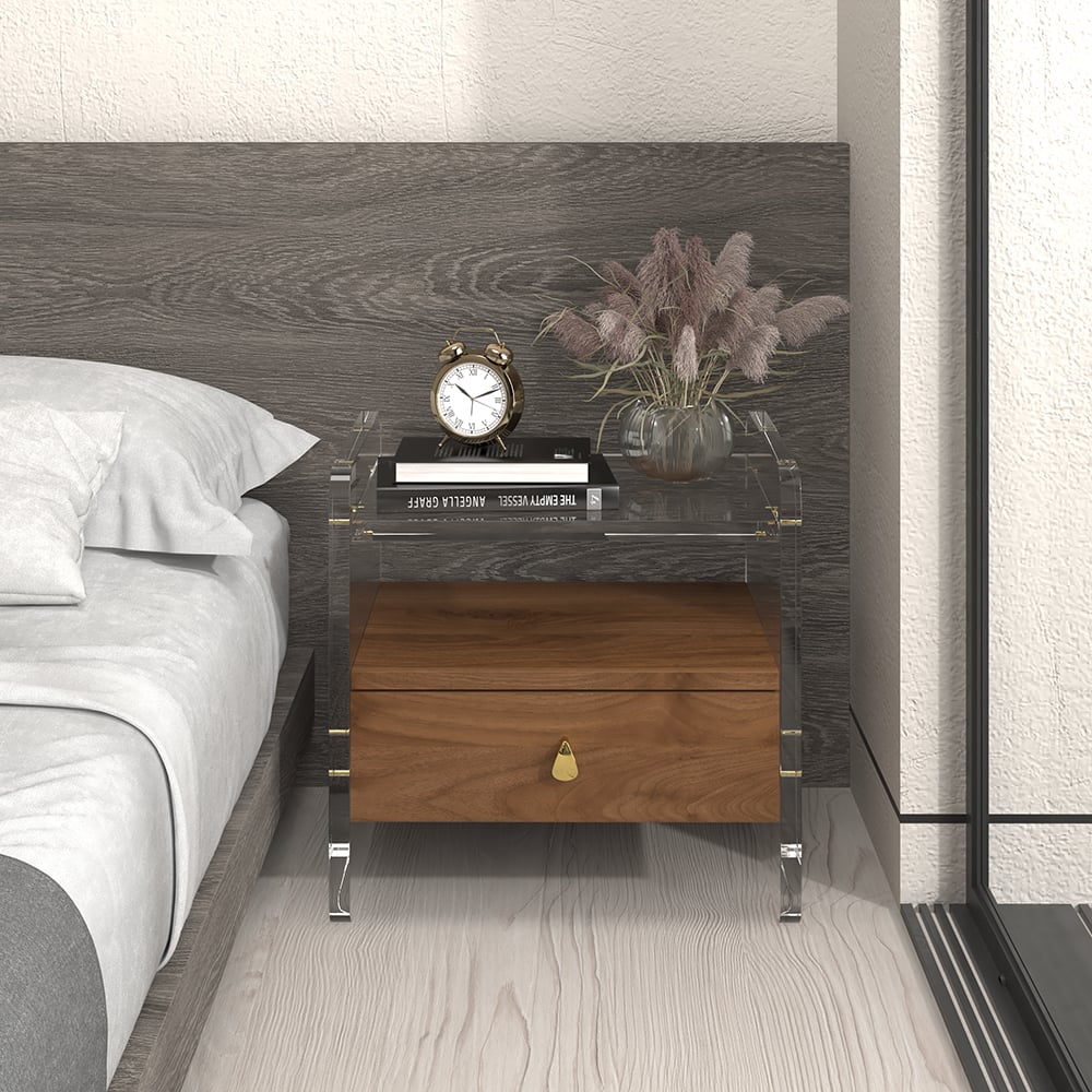 HMR - Modern Clear Acrylic Wood Nightstand with Storage & Shelf for Bedroom