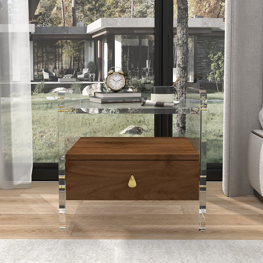 HMR - Modern Clear Acrylic Wood Nightstand with Storage & Shelf for Bedroom