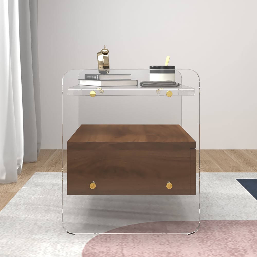 HMR - Modern Clear Acrylic Wood Nightstand with Storage & Shelf for Bedroom