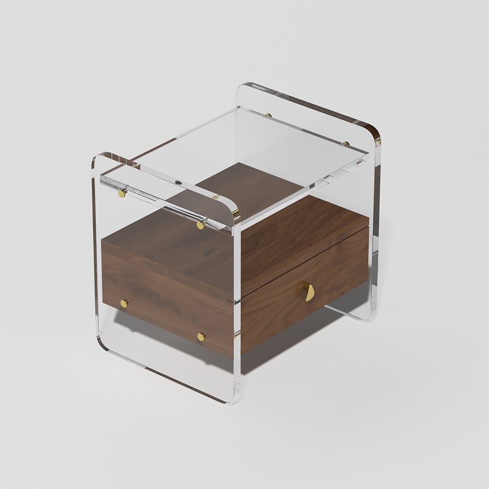 HMR - Modern Clear Acrylic Wood Nightstand with Storage & Shelf for Bedroom