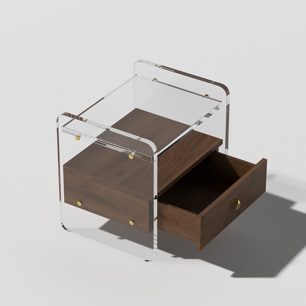 HMR - Modern Clear Acrylic Wood Nightstand with Storage & Shelf for Bedroom