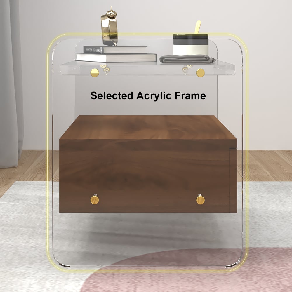 HMR - Modern Clear Acrylic Wood Nightstand with Storage & Shelf for Bedroom