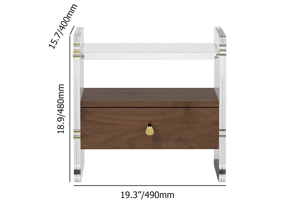 HMR - Modern Clear Acrylic Wood Nightstand with Storage & Shelf for Bedroom