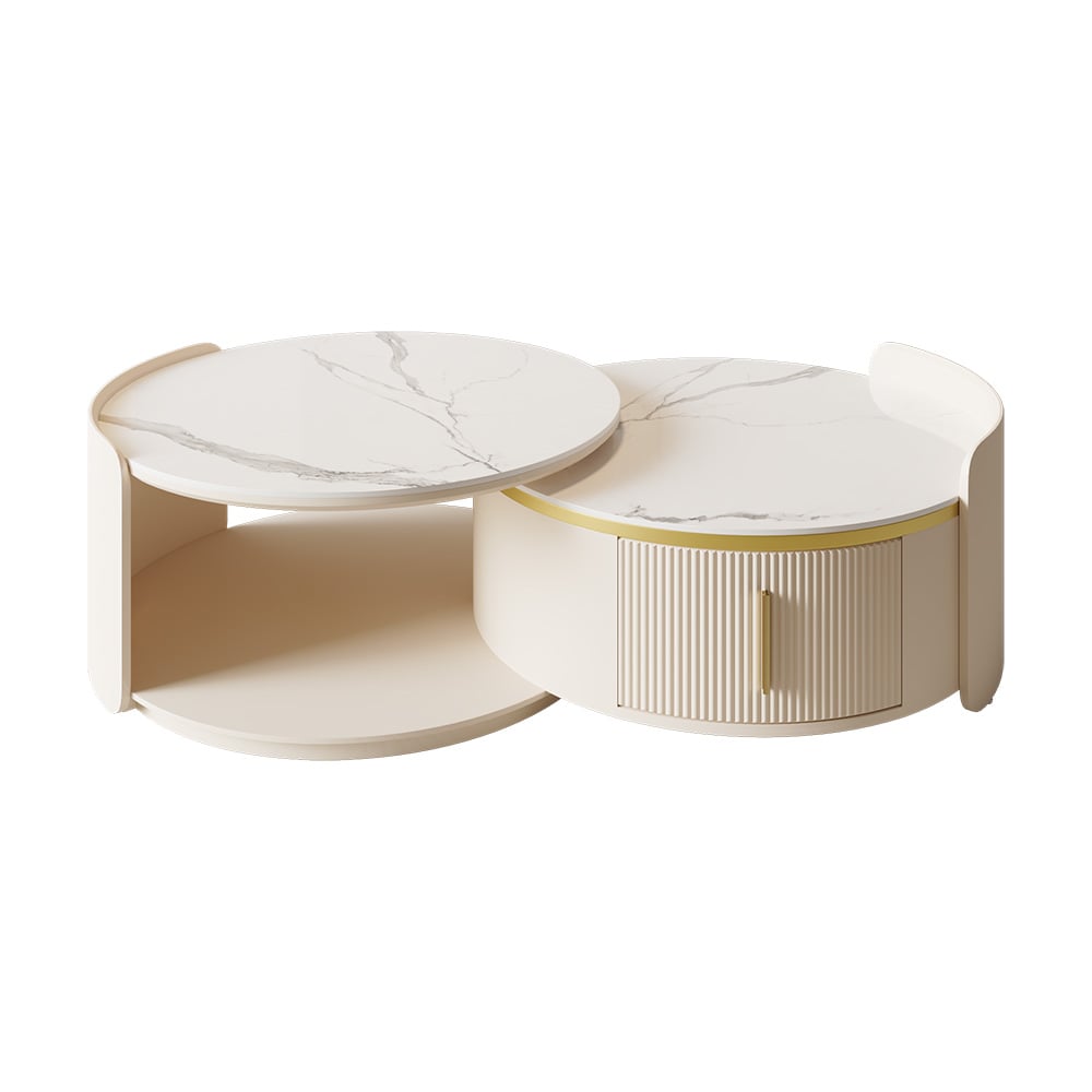 HMR - Round Modern Sintered Stone Top Nesting Coffee Table Fluted with Drawer in Off White