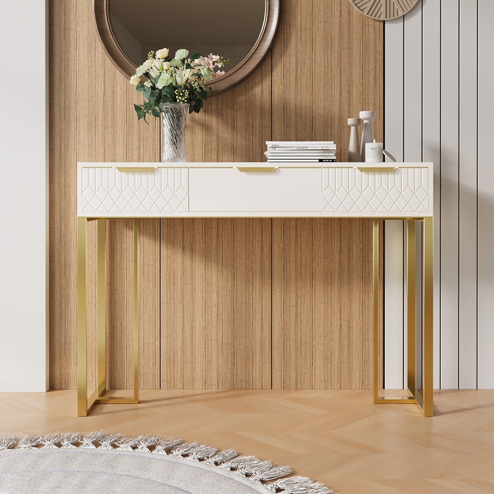 HMR - Aro 47.2" White & Gold Modern Console Table Rectangular Accent Table Entryway Drawers