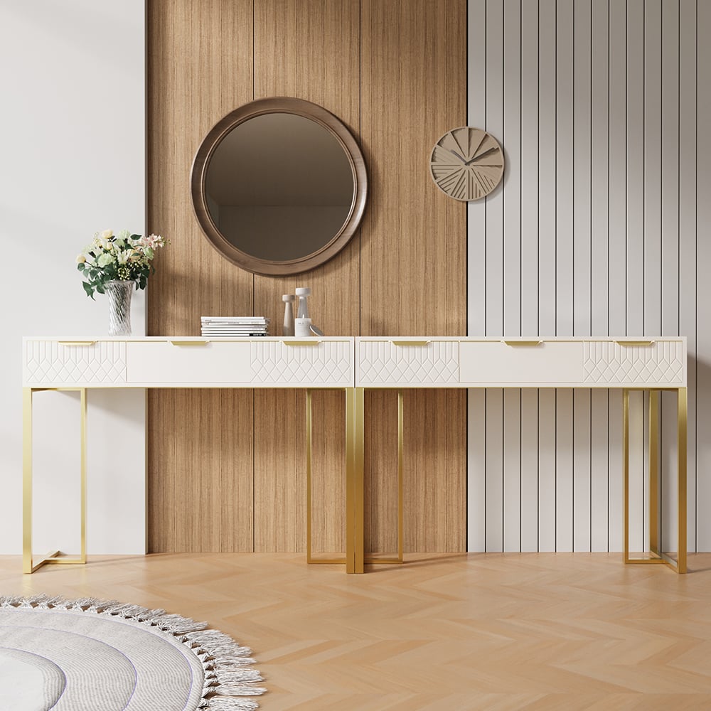 HMR - Aro 47.2" White & Gold Modern Console Table Rectangular Accent Table Entryway Drawers