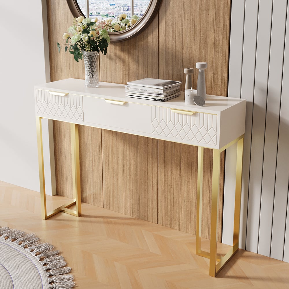 HMR - Aro 47.2" White & Gold Modern Console Table Rectangular Accent Table Entryway Drawers