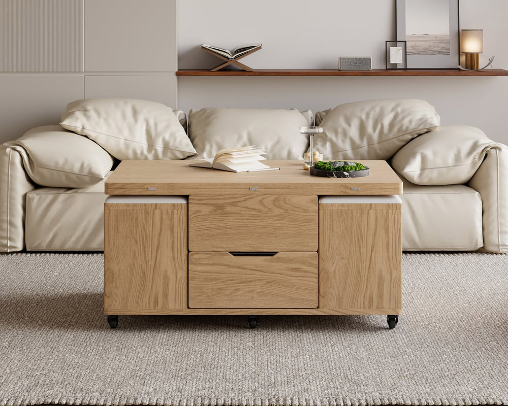 HMR 39" Lift-Top Foldable Coffee Table with 4 Stools & Storage - Natural